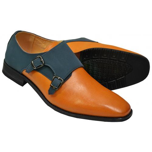 J Republic "Samur" Cognac / Navy Blue Plain Toe Vegan Leather Double Monk Strap Shoes
