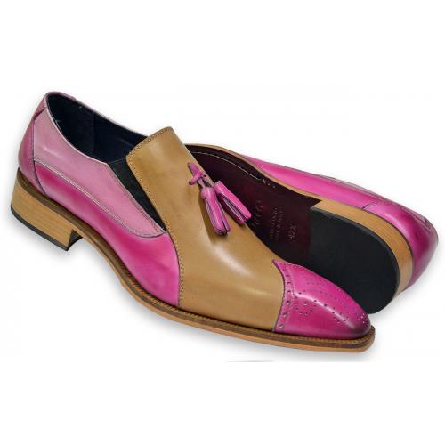 Duca 0240 Fuchsia / Tan / Pink Hand Painted Italian Calfskin Loafers with Tassels
