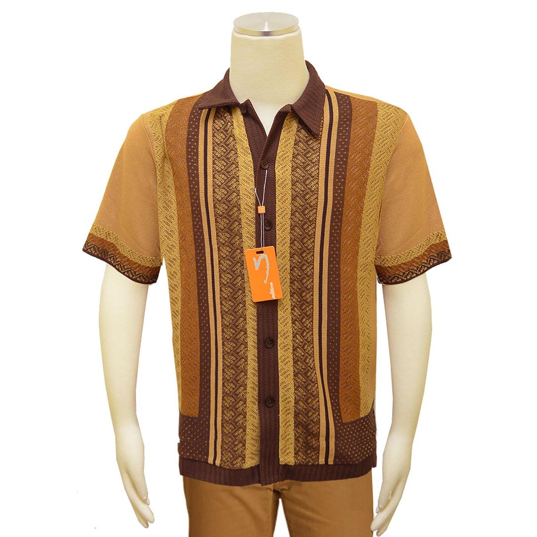 Silversilk Camel / Dark Brown / Caramel Button Up Knitted Short Sleeve ...