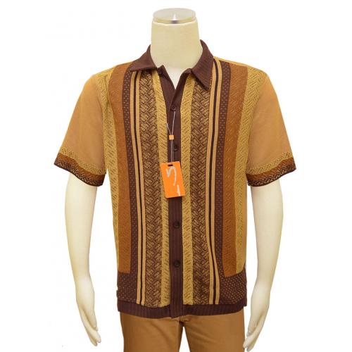 Silversilk Camel / Dark Brown / Caramel Button Up Knitted Short Sleeve Shirt 3008