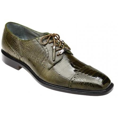 Belvedere "Batta" Olive All-Over Genuine Ostrich Lace-Up Shoes 14006.