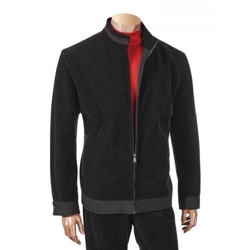 Inserch Black Velvet Corduroy Zip-Up Jacket Outfit With Red Hand-Pick Stitching 300