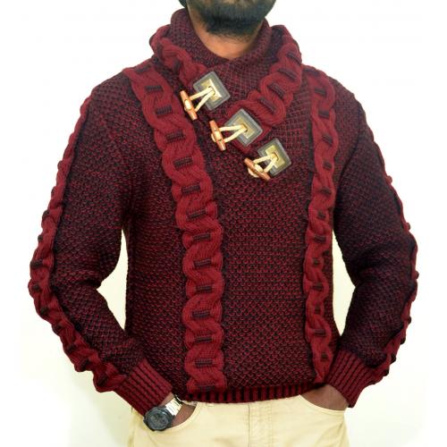 LCR Burgundy / Black Shawl Collar Pull-Over Modern Fit Wool Blend Sweater 5595
