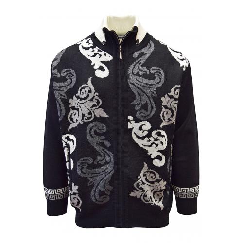 Silversilk Black / Off-White / Grey Floral Paisley Design Zip-Up Sweater 5242