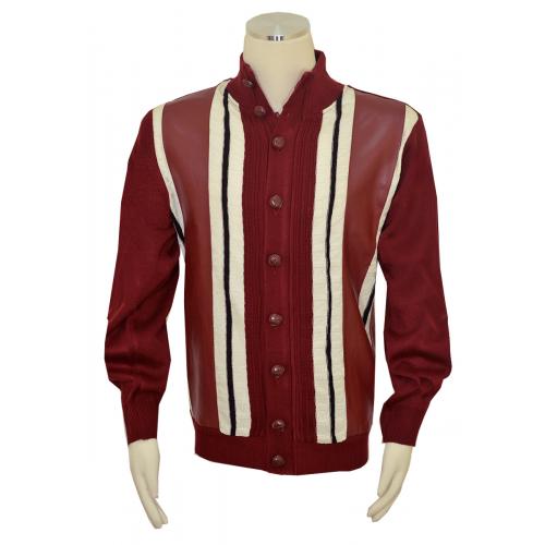 Bagazio Burgundy / Off-White / Black PU Leather Zip-Up Cardigan Sweater BM1854