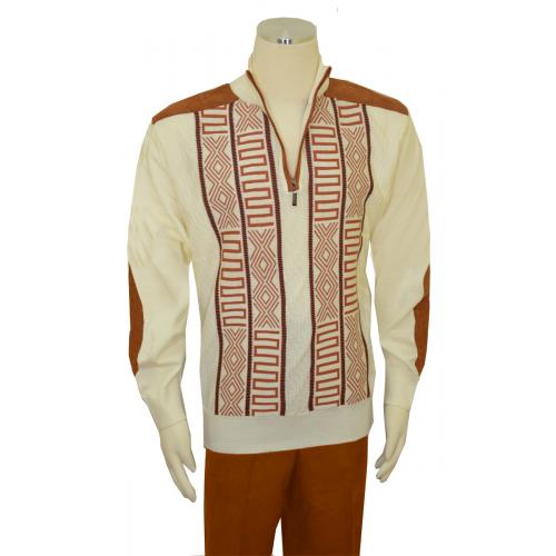 Bagazio Cream / Cognac Half-Zip Microsuede Sweater Outfit / Elbow Patches BM1882