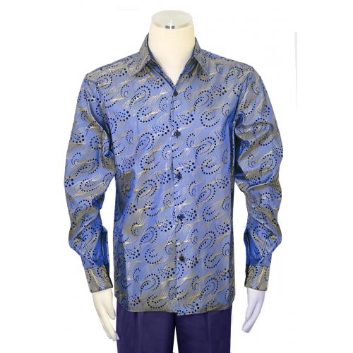 Pronti Metallic Light Blue / Navy / Gold Lurex Embroidered Long Sleeve Shirt S6350