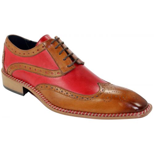 Duca Di Matiste "Napoli" Camel / Red Genuine Calfskin Lace-up Medallion Toe Shoes.