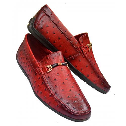 Tayno "Ozzie" Red Burnished Ostrich Embossed Vegan Leather Bit Strap Loafers