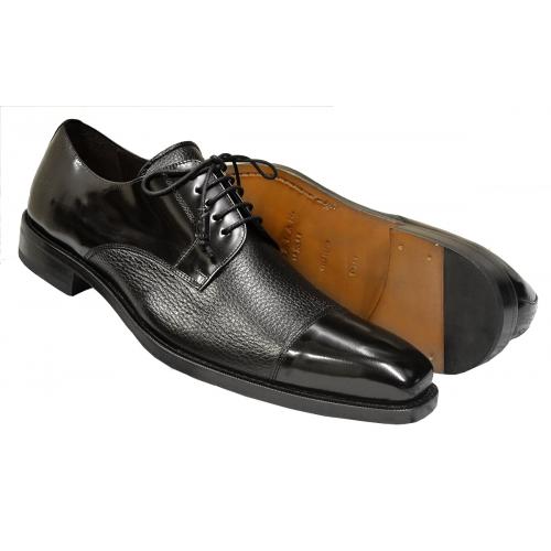 Mezlan "Soka" Black Genuine Deerskin / Polished Calfskin Leather Cap Toe Shoes 15089