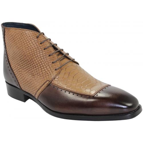Duca Di Matiste "Pisa" Chocolate / Taupe Genuine Calfskin Lace-up Python Print Boots.