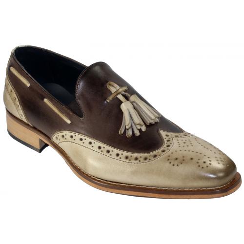 Duca Di Matiste "Modena" Taupe / Chocolate Genuine Calfskin Tassels Medallion Toe Loafer Shoes.