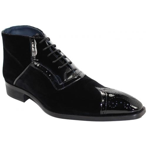 Duca Di Matiste "Perugia" Black Genuine Velvet / Patent Leather Lace-up Medallion Toe Boots.