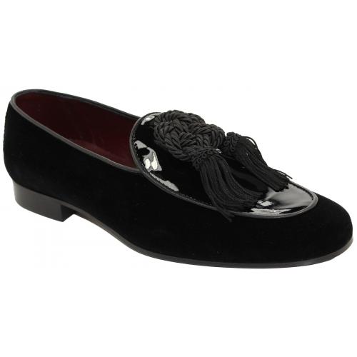 Duca Di Matiste "Venezia" Black Genuine Velvet / Patent Leather Tassels Loafer Shoes.