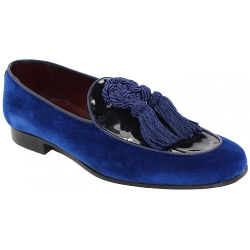 Duca Di Matiste "Venezia" Blue Genuine Velvet / Patent Leather Tassels Loafer Shoes.