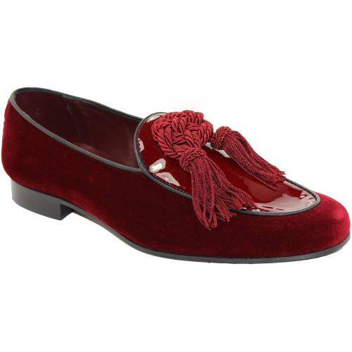 Duca Di Matiste "Venezia" Burgundy Genuine Velvet / Patent Leather Tassels Loafer Shoes.
