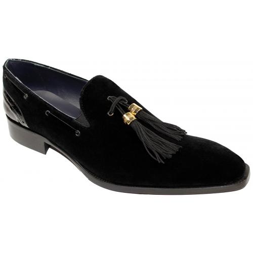 Duca Di Matiste "Capri" Black Genuine Velvet / Patent Leather Matching Tassels Loafer Shoes.