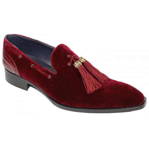 Duca Di Matiste "Capri" Burgundy Genuine Velvet / Patent Leather Matching Tassels Loafer Shoes.