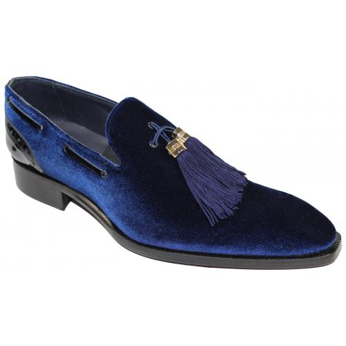 Duca Di Matiste "Capri" Blue Genuine Velvet / Patent Leather Matching Tassels Loafer Shoes.