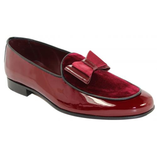 Duca Di Matiste "Amalfi" Burgundy Genuine Velvet / Patent Leather Matching Bow Tie Loafer Shoes.