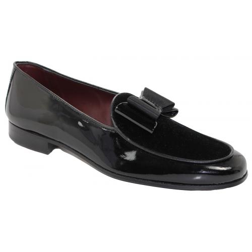 Duca Di Matiste "Amalfi" Black Genuine Velvet / Patent Leather Matching Bow Tie Loafer Shoes.