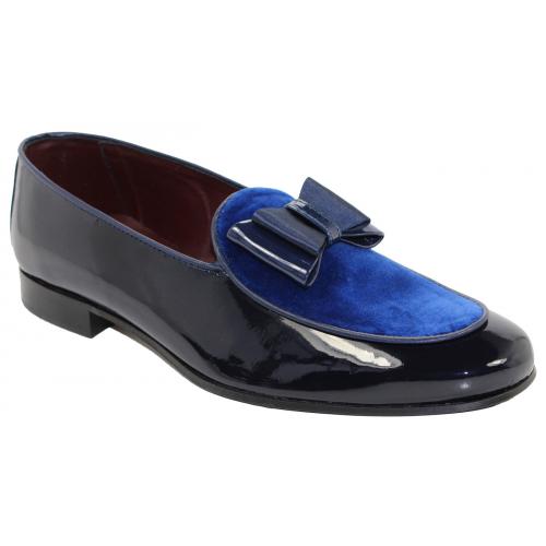 Duca Di Matiste "Amalfi" Navy Genuine Velvet / Patent Leather Matching Bow Tie Loafer Shoes.