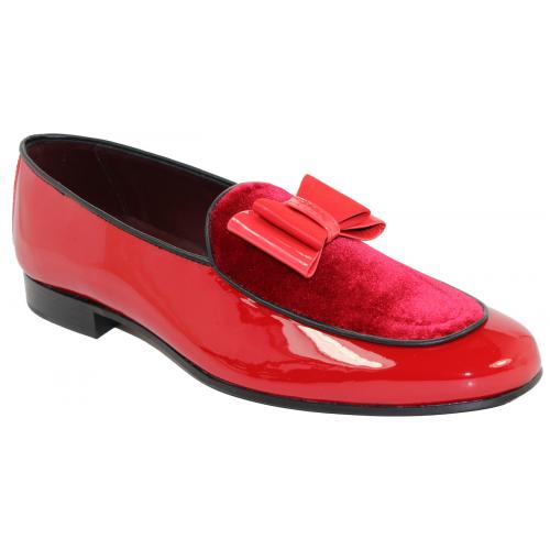Duca Di Matiste "Amalfi" Red Genuine Velvet / Patent Leather Matching Bow Tie Loafer Shoes.