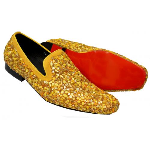Fiesso Mustard Yellow / Metallic Gold Calfskin Suede / Gemstone Slip-On Shoes FI7317