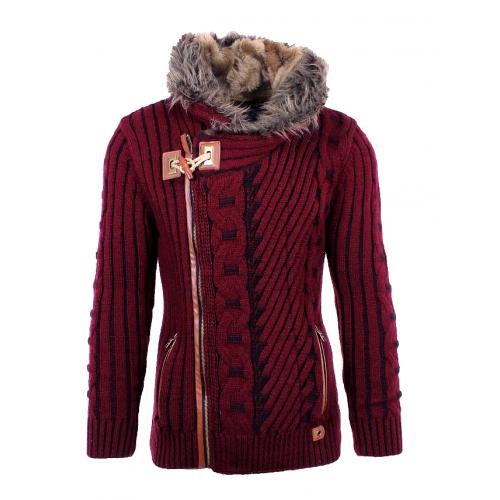 LCR Burgundy / Black Zip-Up Faux Fur Lined Modern Fit Wool Blend Hooded Sweater 5555