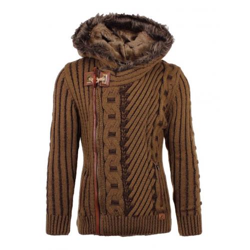 LCR Camel / Brown Zip-Up Faux Fur Lined Modern Fit Wool Blend Hooded Sweater 5555