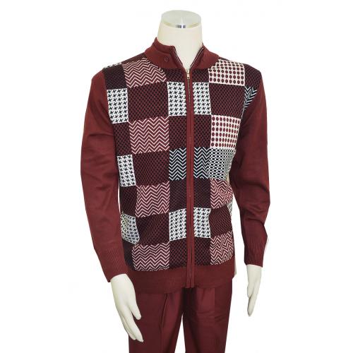 Luxton Burgundy / White / Black Zip-Up Sweater Outfit With PU Leather Elbow Patches SW117