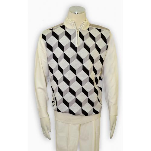 Luxton Cream / Black / Silver Zip-Up Sweater Outfit With Microsuede Elbow Patches SW115