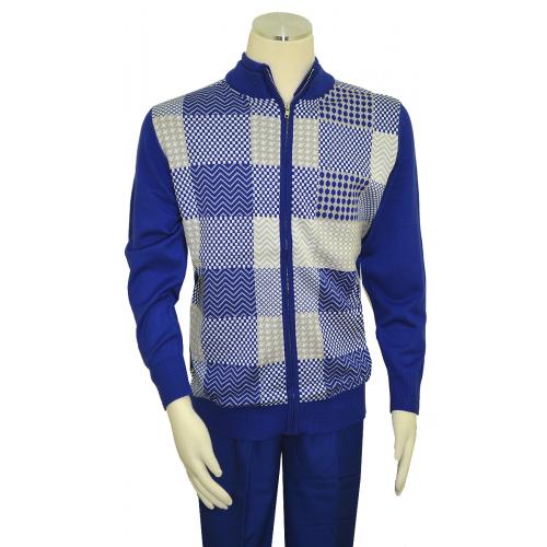 Luxton Royal Blue / White / Silver Zip-Up Sweater Outfit With PU Leather Elbow Patches SW117