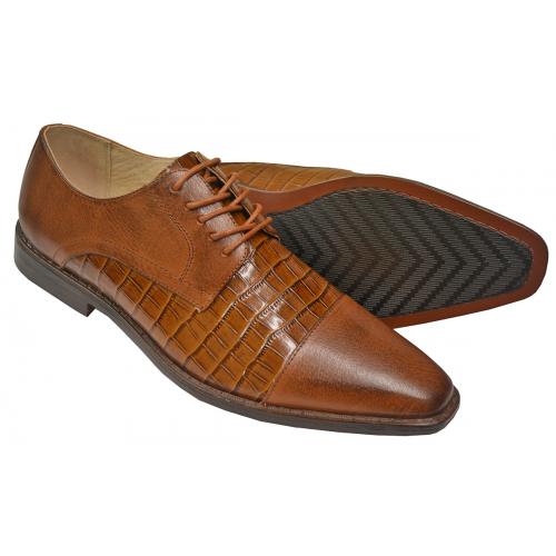 Giorgio Venturi Cognac Crocodile Embossed Genuine Leather Cap Toe Shoes 2524