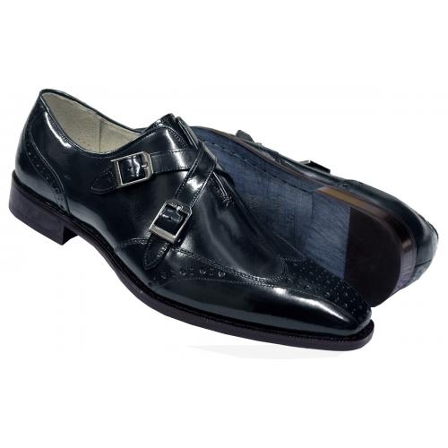 Giovanni "Emilio" Navy Blue Genuine Leather Criss-Cross Double Monk Strap Shoes