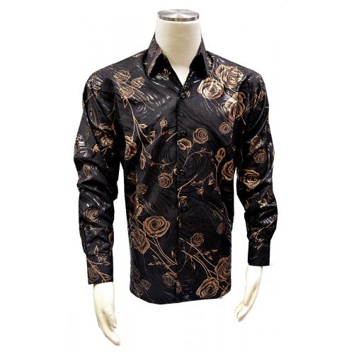 Pronti Black / Metallic Bronze Floral Design Microfiber Long Sleeve Shirt S6301