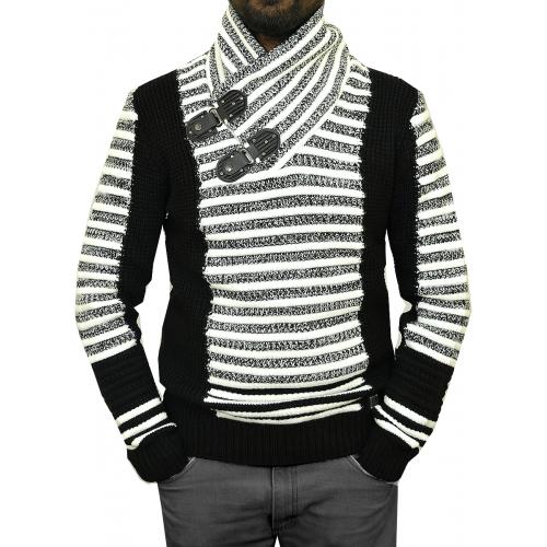 Barabas Black / Off-White Pull-Over Buckled Shawl Collar Modern Fit Sweater W123