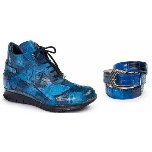 Mauri ''8567'' Multi Blue Genuine Baby Crocodile Hand Painted Shoes And Matching Belt.
