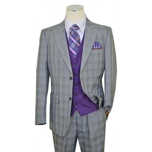 Steve Harvey Grey / Purple / Black / White Plaid Rayon Blend Vested Classic Fit Suit 118719SHS