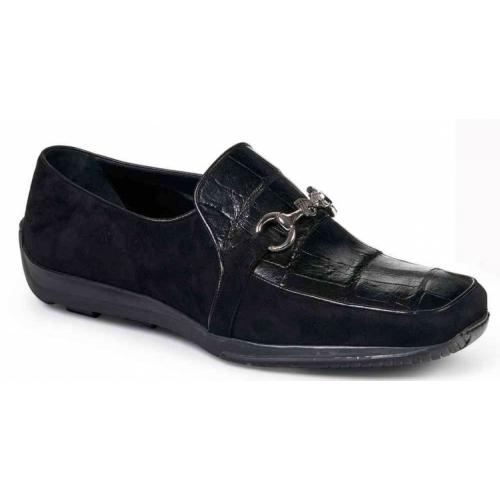 Mauri ''9297'' Black Genuine Body Alligator / Suede Leather Loafer Shoes With Horsebit.