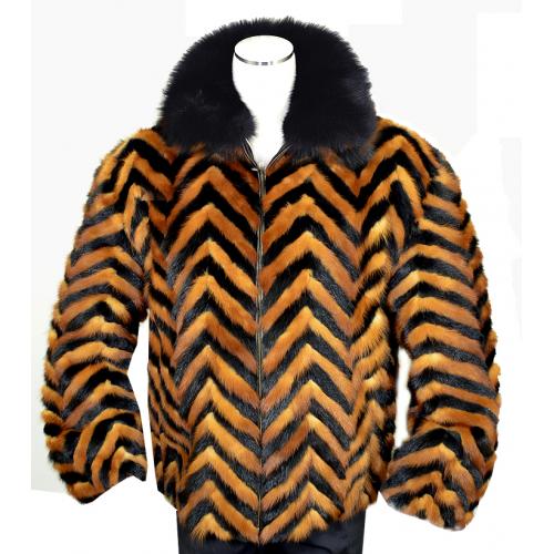 Winter Fur Black / Whiskey Chevron Mink Jacket With Black Fox Collar M39R01BWK.