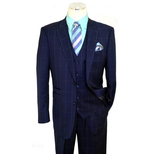 Extrema Navy / Chalk White Windowpane Super 150's Wool Vested Wide Leg Suit D5810