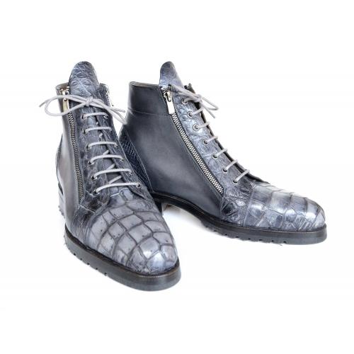 Paul Parkman ''89GRY72'' Gray Genuine Crocodile & Calfskin Side Zipper Boots