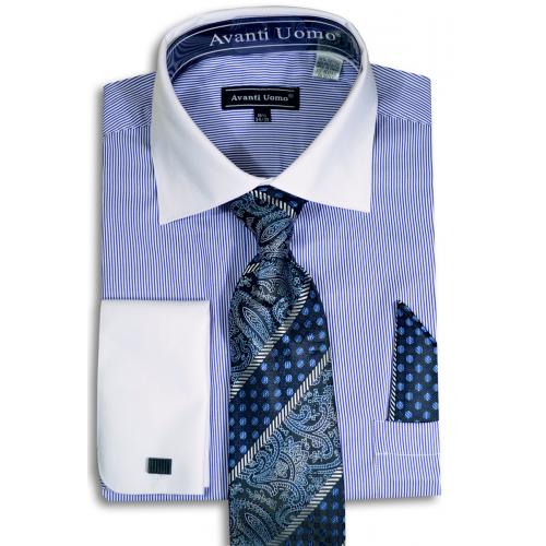 Avanti Uomo White / Royal Blue / Navy Cotton Blend French Cuff Shirt / Tie / Hanky Set DN83M