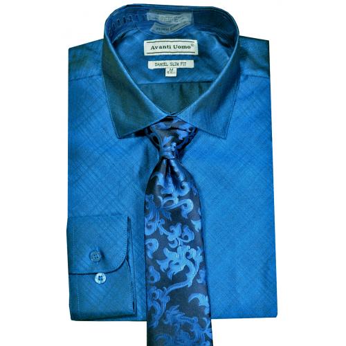 Avanti Uomo Aqua Blue / Navy Slim Fit Woven Satin Shirt / Tie Set DNS07