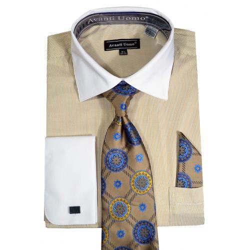 Avanti Uomo White / Beige / Taupe Cotton Blend French Cuff Shirt / Tie / Hanky Set DN83M