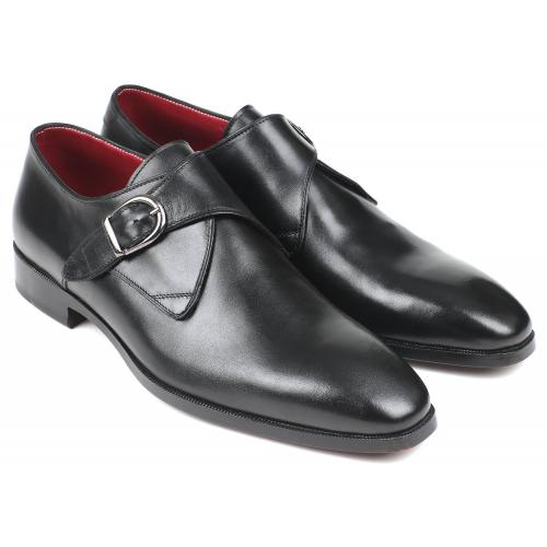 Paul Parkman ''011BLK54'' Black Genuine Calfskin Leather Single Monkstraps  Shoes.