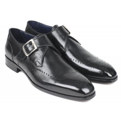 Paul Parkman ''98F54-BLK'' Black Genuine Leather  Wingtip Single Monkstraps Shoes.