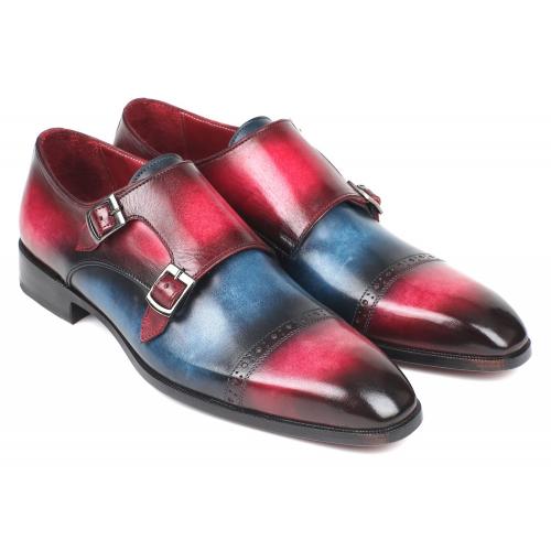 Paul Parkman ''045BFX81'' Blue & Fuxia Genuine Bordeaux leather  Captoe Double Monkstraps Shoes.