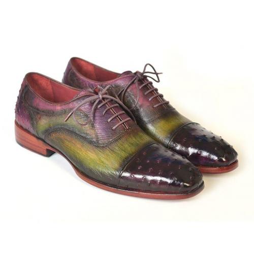 Paul Parkman ''24XS11'' Green / Purple Genuine Ostrich Leather Captoe Oxfords Shoes.